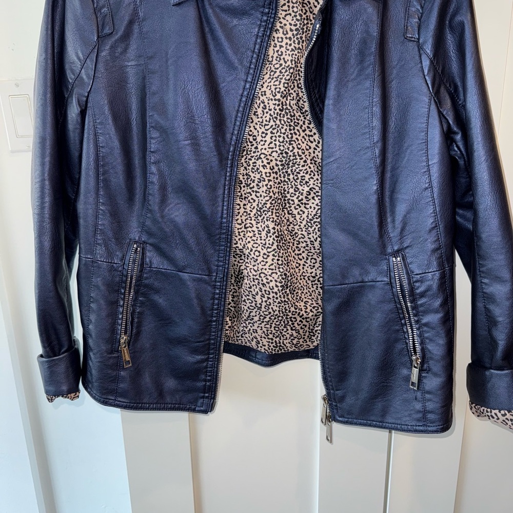 Women's Navy Leather Jacket with Leopard Lining